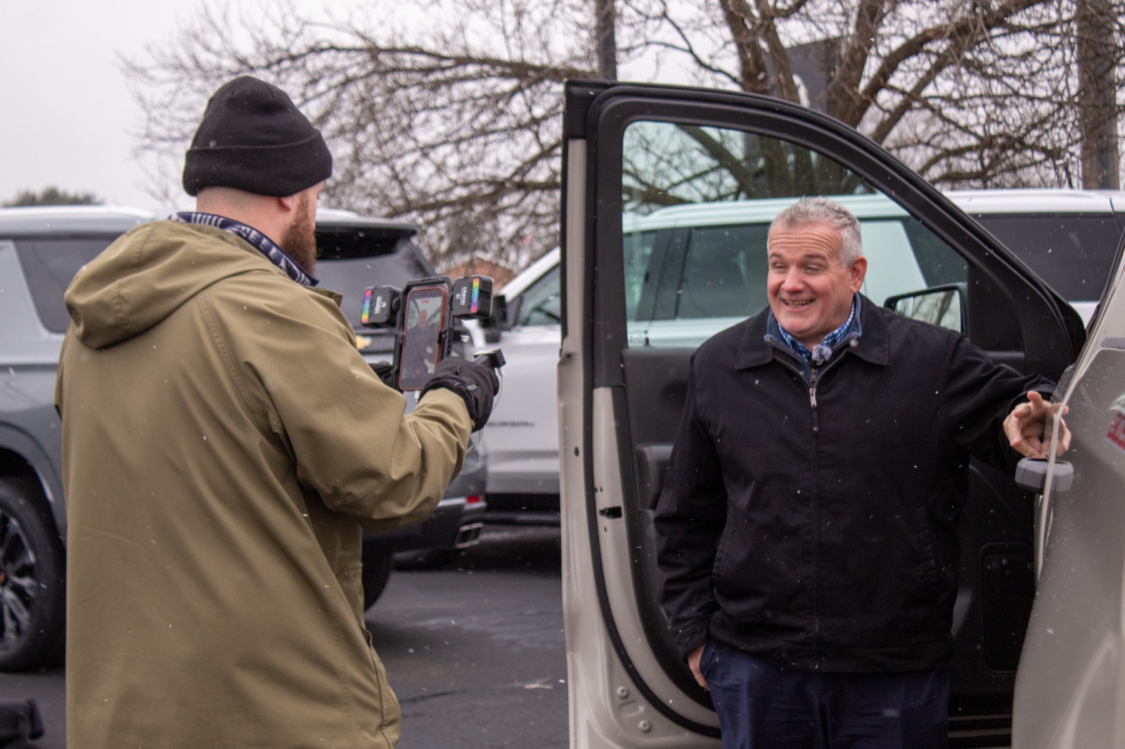 Interview on a snowy lot