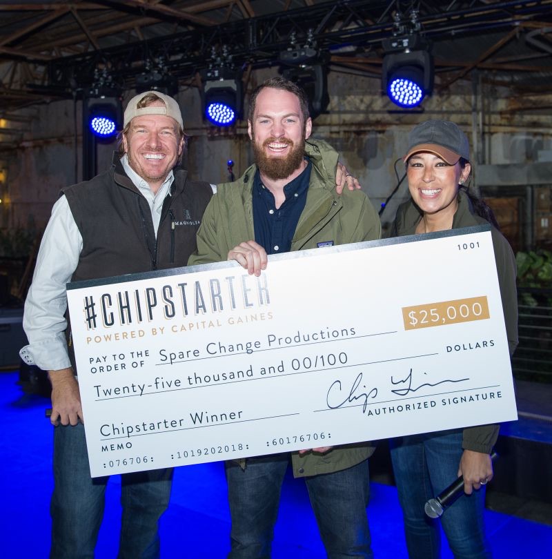 Josh receiving the $25,000 Chipstarter check from Chip and Joanna Gaines